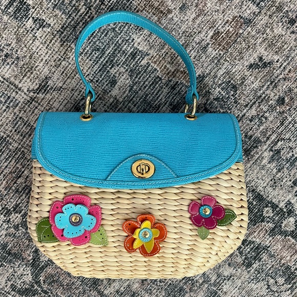 None Handbags - Floral Woven Straw Top Handle Summer Handbag Blue Cream